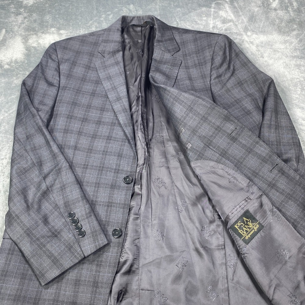 Jos A Bank Signature Gold Blazer Jacket 43R 100% Wool Gray Plaid Sport Coat Suit
